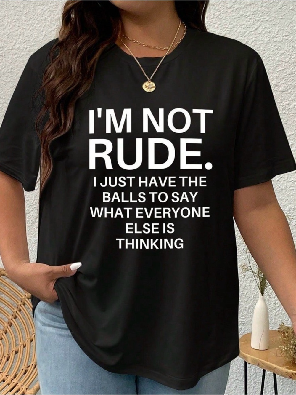 Black Graphic Statement Tee - "I'm Not Rude"